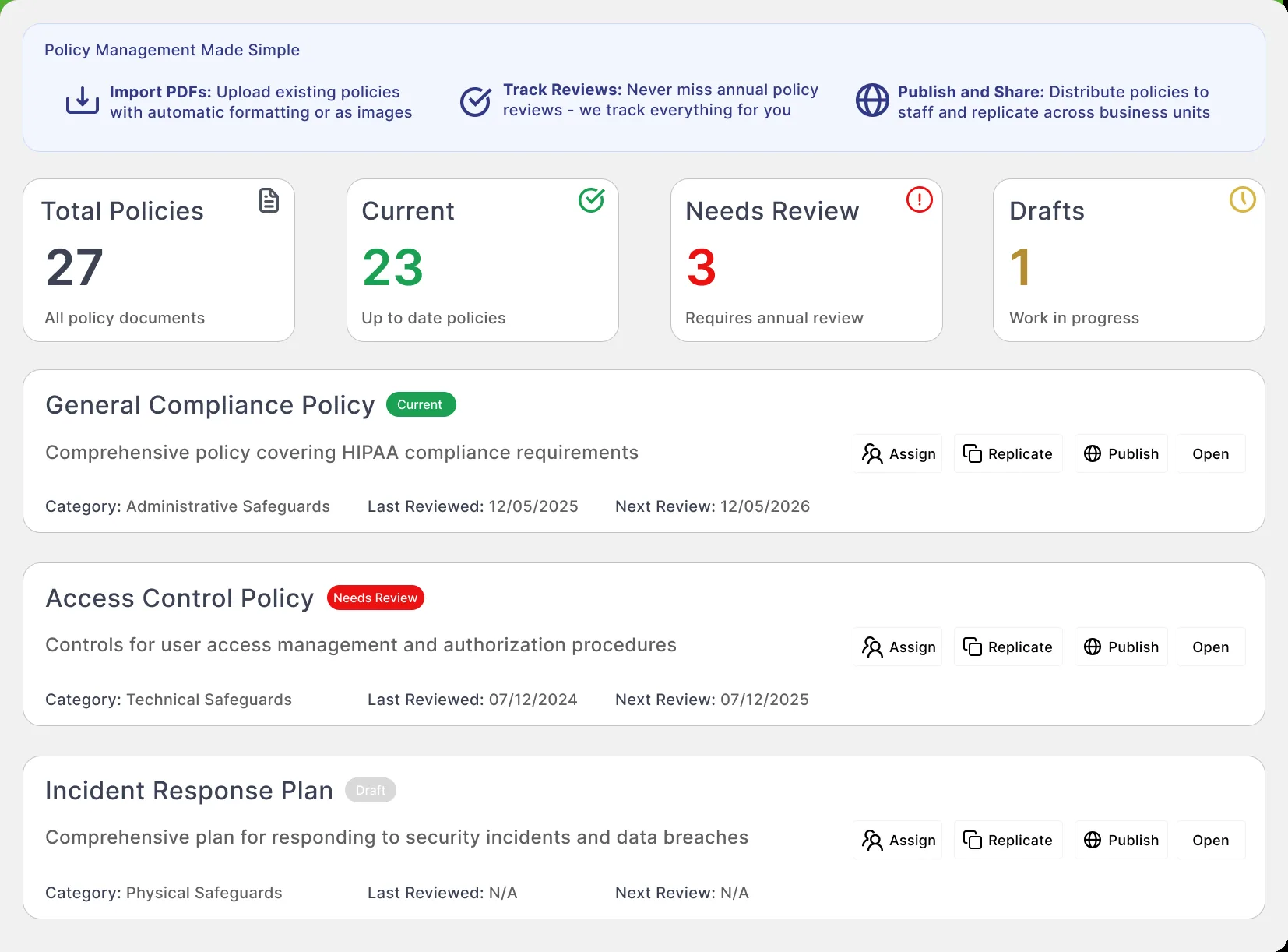 Policies screen showing current, needs-review, and draft counts, and each policy with its last and next review dates.